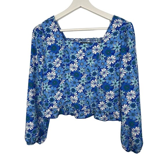 Amy Byer Girls 16 Blue Floral Boho Peasant Long Sleeve Blouse Top - Picture 1 of 6
